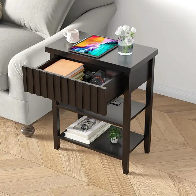 Alt view image 3 of 7 - Fluted Nightstand With Charging Station,Farmhouse Night Stand With Drawer & 2 Open Storage Shelves,Modern Side Table For Bedroom Small Space Living Room Entryway,Black