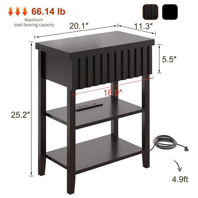 Alt view image 4 of 7 - Fluted Nightstand With Charging Station,Farmhouse Night Stand With Drawer & 2 Open Storage Shelves,Modern Side Table For Bedroom Small Space Living Room Entryway,Black