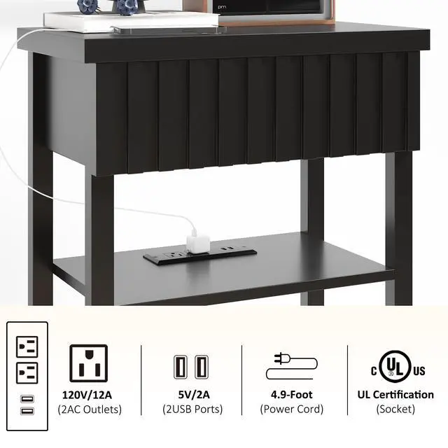 Alt view image 5 of 7 - Fluted Nightstand With Charging Station,Farmhouse Night Stand With Drawer & 2 Open Storage Shelves,Modern Side Table For Bedroom Small Space Living Room Entryway,Black