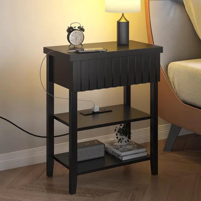 Alt view image 2 of 7 - Fluted Nightstand With Charging Station,Farmhouse Night Stand With Drawer & 2 Open Storage Shelves,Modern Side Table For Bedroom Small Space Living Room Entryway,Black