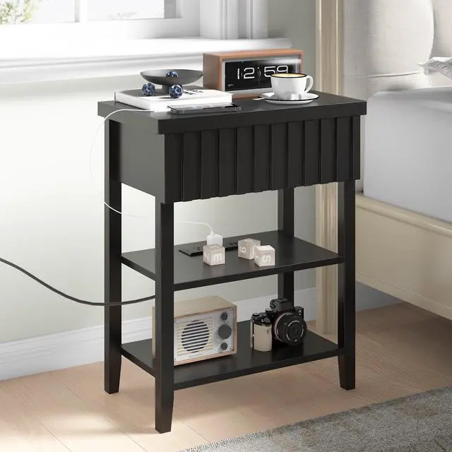 Main image of Fluted Nightstand With Charging Station,Farmhouse Night Stand With Drawer & 2 Open Storage Shelves,Modern Side Table For Bedroom Small Space Living Room Entryway,Black