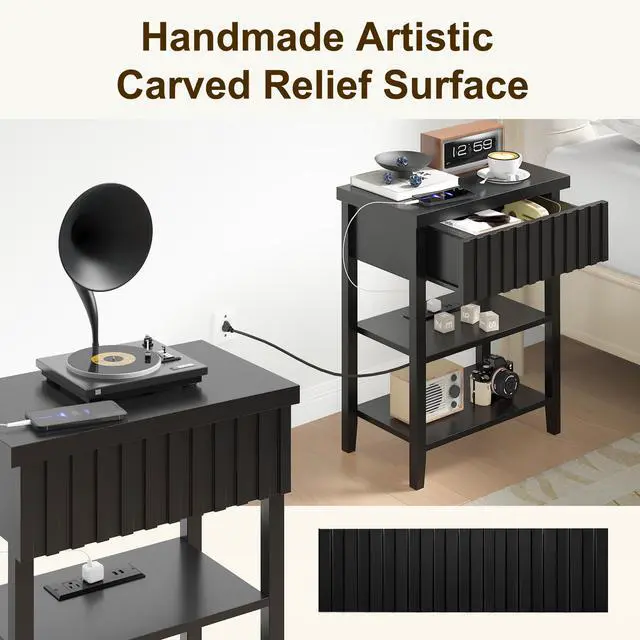 Alt view image 6 of 7 - Fluted Nightstand With Charging Station,Farmhouse Night Stand With Drawer & 2 Open Storage Shelves,Modern Side Table For Bedroom Small Space Living Room Entryway,Black