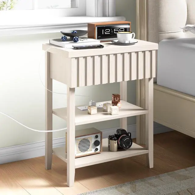 Main image of Fluted Nightstand With Charging Station,Farmhouse Night Stand With Drawer & 2 Open Storage Shelves,Modern Side Table For Bedroom Small Space Living Room Entryway,Beige