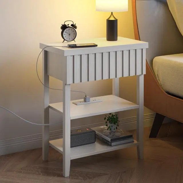 Alt view image 2 of 7 - Fluted Nightstand With Charging Station,Farmhouse Night Stand With Drawer & 2 Open Storage Shelves,Modern Side Table For Bedroom Small Space Living Room Entryway,Beige