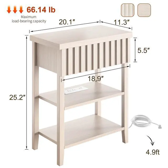 Alt view image 5 of 7 - Fluted Nightstand With Charging Station,Farmhouse Night Stand With Drawer & 2 Open Storage Shelves,Modern Side Table For Bedroom Small Space Living Room Entryway,Beige(Set Of 2)