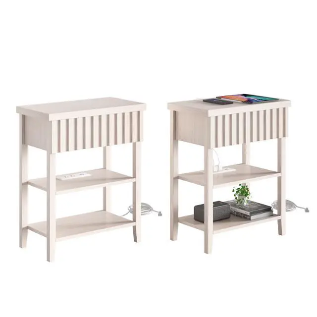 Alt view image 2 of 7 - Fluted Nightstand With Charging Station,Farmhouse Night Stand With Drawer & 2 Open Storage Shelves,Modern Side Table For Bedroom Small Space Living Room Entryway,Beige(Set Of 2)