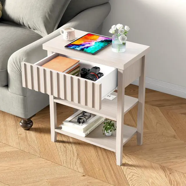 Alt view image 4 of 7 - Fluted Nightstand With Charging Station,Farmhouse Night Stand With Drawer & 2 Open Storage Shelves,Modern Side Table For Bedroom Small Space Living Room Entryway,Beige(Set Of 2)