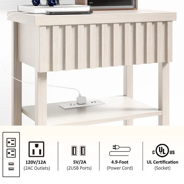 Alt view image 6 of 7 - Fluted Nightstand With Charging Station,Farmhouse Night Stand With Drawer & 2 Open Storage Shelves,Modern Side Table For Bedroom Small Space Living Room Entryway,Beige(Set Of 2)