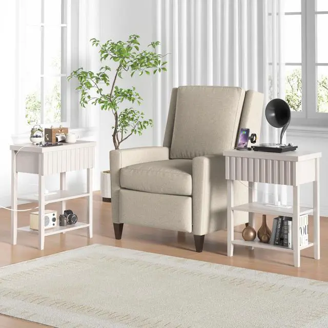 Main image of Fluted Nightstand With Charging Station,Farmhouse Night Stand With Drawer & 2 Open Storage Shelves,Modern Side Table For Bedroom Small Space Living Room Entryway,Beige(Set Of 2)