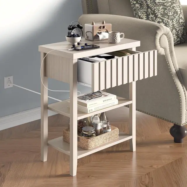 Alt view image 3 of 7 - Fluted Nightstand With Charging Station,Farmhouse Night Stand With Drawer & 2 Open Storage Shelves,Modern Side Table For Bedroom Small Space Living Room Entryway,Beige(Set Of 2)