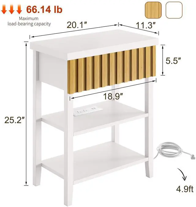 Alt view image 3 of 7 - Fluted Nightstand With Charging Station,Farmhouse Night Stand With Drawer & 2 Open Storage Shelves,Modern Side Table For Bedroom Small Space Living Room Entryway,White