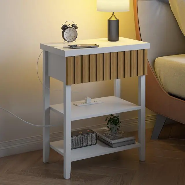 Alt view image 5 of 7 - Fluted Nightstand With Charging Station,Farmhouse Night Stand With Drawer & 2 Open Storage Shelves,Modern Side Table For Bedroom Small Space Living Room Entryway,White(Set Of 2)