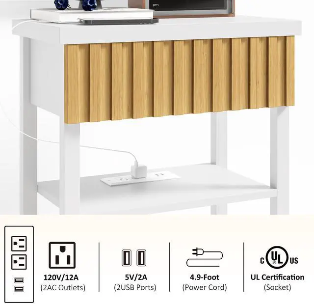 Alt view image 6 of 7 - Fluted Nightstand With Charging Station,Farmhouse Night Stand With Drawer & 2 Open Storage Shelves,Modern Side Table For Bedroom Small Space Living Room Entryway,White