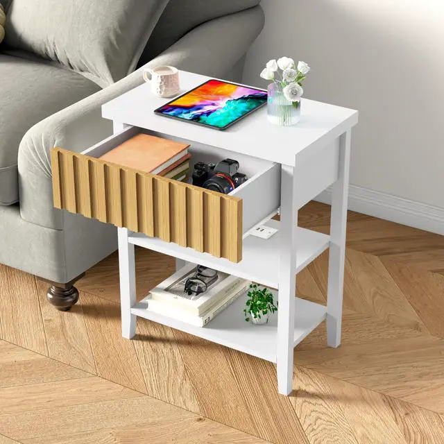 Alt view image 6 of 7 - Fluted Nightstand With Charging Station,Farmhouse Night Stand With Drawer & 2 Open Storage Shelves,Modern Side Table For Bedroom Small Space Living Room Entryway,White(Set Of 2)