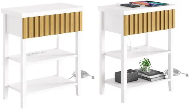 Alt view image 2 of 7 - Fluted Nightstand With Charging Station,Farmhouse Night Stand With Drawer & 2 Open Storage Shelves,Modern Side Table For Bedroom Small Space Living Room Entryway,White(Set Of 2)