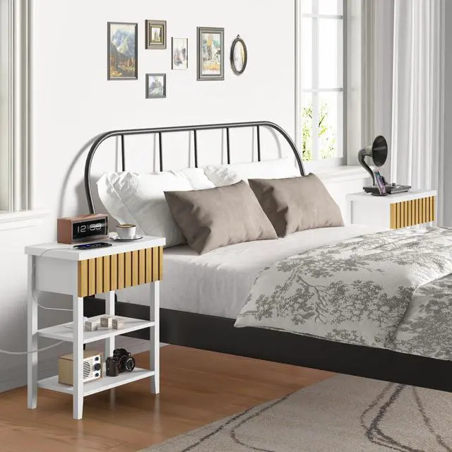 Alt view image 3 of 7 - Fluted Nightstand With Charging Station,Farmhouse Night Stand With Drawer & 2 Open Storage Shelves,Modern Side Table For Bedroom Small Space Living Room Entryway,White(Set Of 2)