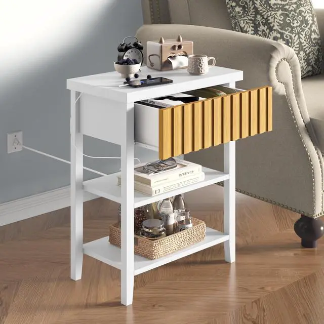 Alt view image 4 of 7 - Fluted Nightstand With Charging Station,Farmhouse Night Stand With Drawer & 2 Open Storage Shelves,Modern Side Table For Bedroom Small Space Living Room Entryway,White(Set Of 2)