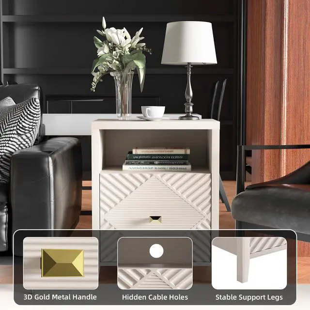 Alt view image 5 of 7 - Nightstand With Charger Station And Usb Port,19 Inch Modern Night Stand With Storage Shelf, Bedside Tables For Bedroom, Home, Living Room,Beige