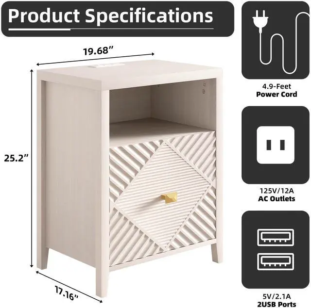Alt view image 3 of 7 - Nightstand With Charger Station And Usb Port,19 Inch Modern Night Stand With Storage Shelf, Bedside Tables For Bedroom, Home, Living Room,Beige