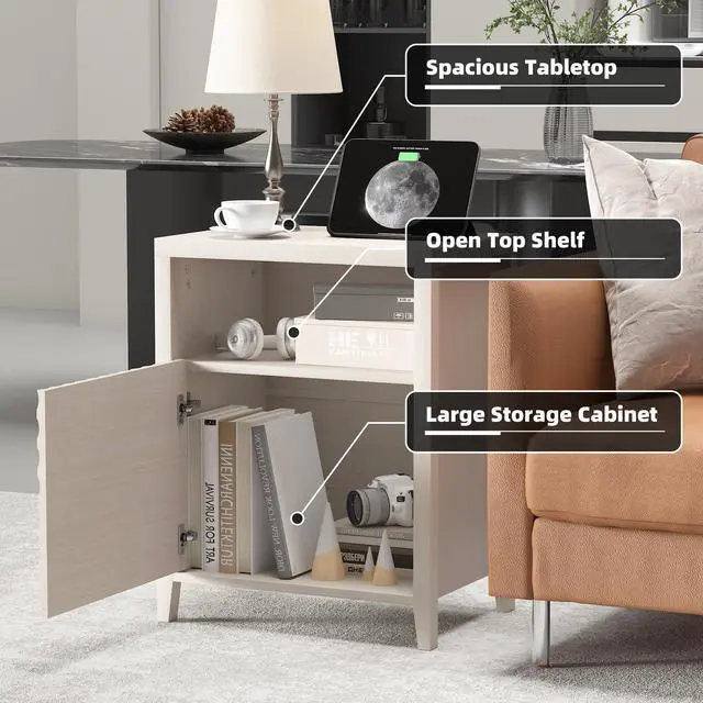 Alt view image 7 of 7 - Nightstand With Charger Station And Usb Port,19 Inch Modern Night Stand With Storage Shelf, Bedside Tables For Bedroom, Home, Living Room,Beige
