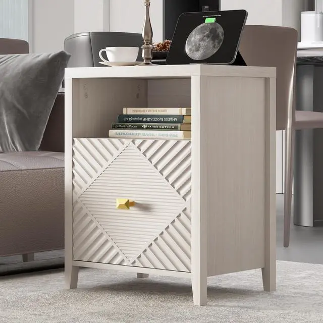 Alt view image 2 of 7 - Nightstand With Charger Station And Usb Port,19 Inch Modern Night Stand With Storage Shelf, Bedside Tables For Bedroom, Home, Living Room,Beige