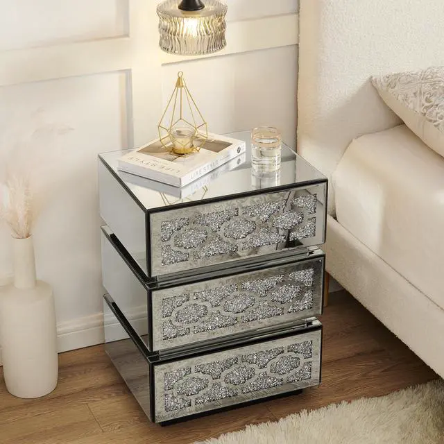Main image of Mirrored Bedside Nightstand, Modern Side Table With 3 Drawers, Silver Accent End Table With Crushed Diamonds For Bedroom, Dorm And Living Room, 17.7"W X 13.8"D X 23.6"H