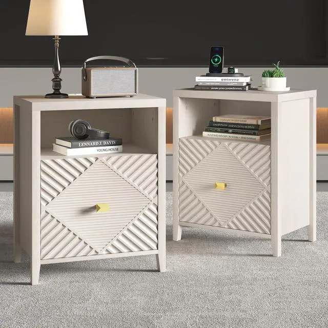Main image of Nightstand With Charger Station And Usb Port,19 Inch Modern Night Stand With Storage Shelf, Bedside Tables For Bedroom, Home, Living Room,Beige(Set Of 2)