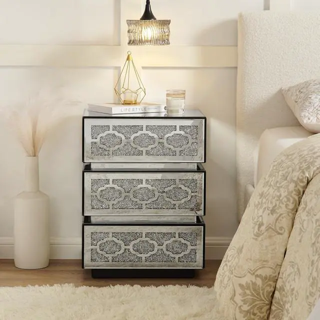 Alt view image 2 of 7 - Mirrored Bedside Nightstand, Modern Side Table With 3 Drawers, Silver Accent End Table With Crushed Diamonds For Bedroom, Dorm And Living Room, 17.7"W X 13.8"D X 23.6"H