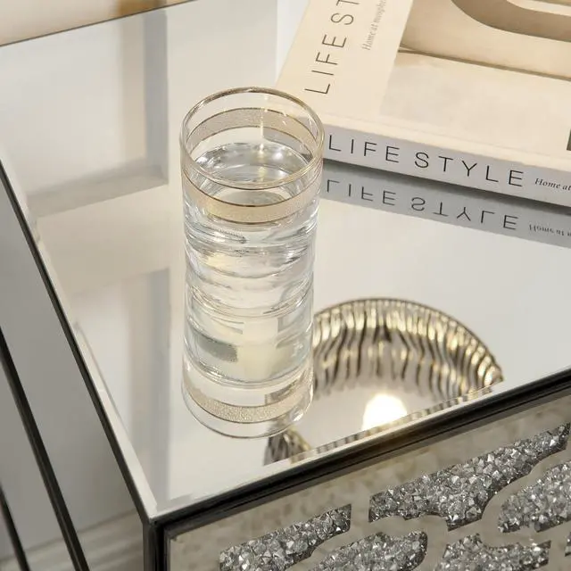 Alt view image 6 of 7 - Mirrored Bedside Nightstand, Modern Side Table With 3 Drawers, Silver Accent End Table With Crushed Diamonds For Bedroom, Dorm And Living Room, 17.7"W X 13.8"D X 23.6"H