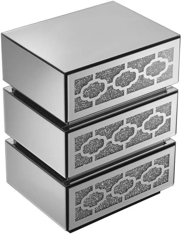 Alt view image 7 of 7 - Mirrored Bedside Nightstand, Modern Side Table With 3 Drawers, Silver Accent End Table With Crushed Diamonds For Bedroom, Dorm And Living Room, 17.7"W X 13.8"D X 23.6"H