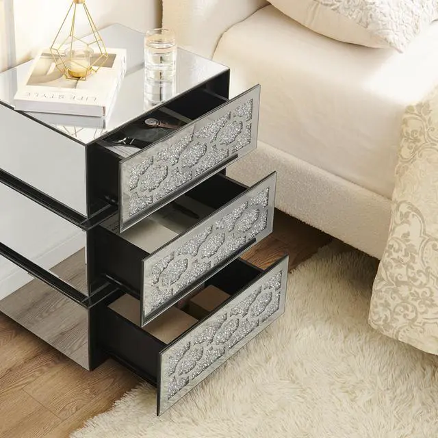 Alt view image 4 of 7 - Mirrored Bedside Nightstand, Modern Side Table With 3 Drawers, Silver Accent End Table With Crushed Diamonds For Bedroom, Dorm And Living Room, 17.7"W X 13.8"D X 23.6"H