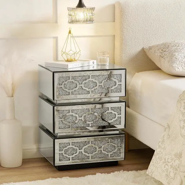 Alt view image 3 of 7 - Mirrored Bedside Nightstand, Modern Side Table With 3 Drawers, Silver Accent End Table With Crushed Diamonds For Bedroom, Dorm And Living Room, 17.7"W X 13.8"D X 23.6"H