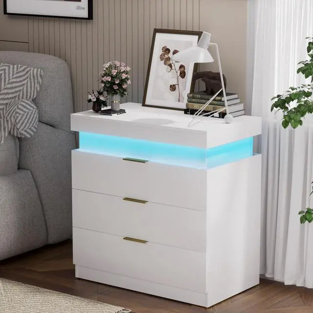 Main image of Nightstand With Charging Station And Led Lights,Night Stand With Sliding Top For Bedroom,Bedside Table With Drawers,Modern End Side Table,White.28.8''W X 17''D X 30.5''H.