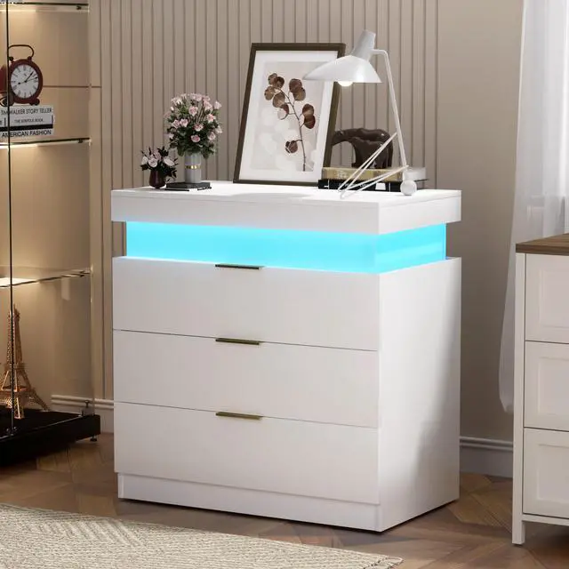 Alt view image 3 of 7 - Nightstand With Charging Station And Led Lights,Night Stand With Sliding Top For Bedroom,Bedside Table With Drawers,Modern End Side Table,White.28.8''W X 17''D X 30.5''H.