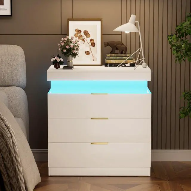 Alt view image 2 of 7 - Nightstand With Charging Station And Led Lights,Night Stand With Sliding Top For Bedroom,Bedside Table With Drawers,Modern End Side Table,White.28.8''W X 17''D X 30.5''H.