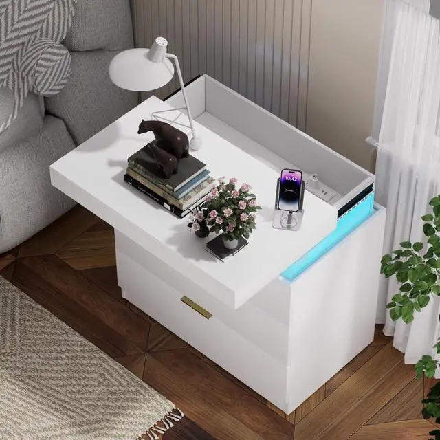 Alt view image 4 of 7 - Nightstand With Charging Station And Led Lights,Night Stand With Sliding Top For Bedroom,Bedside Table With Drawers,Modern End Side Table,White.28.8''W X 17''D X 30.5''H.