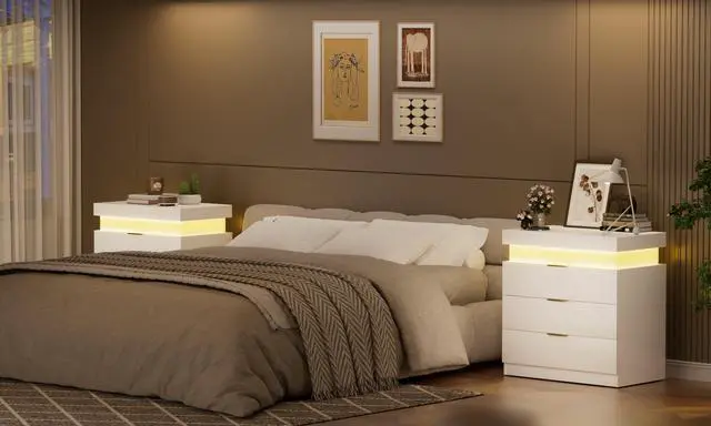 Alt view image 6 of 7 - Nightstand With Charging Station And Led Lights,Night Stand With Sliding Top For Bedroom,Bedside Table With Drawers,Modern End Side Table,White.28.8''W X 17''D X 30.5''H.