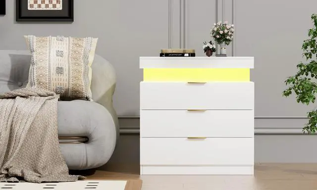 Alt view image 7 of 7 - Nightstand With Charging Station And Led Lights,Night Stand With Sliding Top For Bedroom,Bedside Table With Drawers,Modern End Side Table,White.28.8''W X 17''D X 30.5''H.