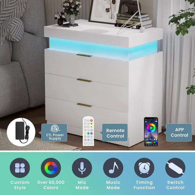 Alt view image 5 of 7 - Nightstand With Charging Station And Led Lights,Night Stand With Sliding Top For Bedroom,Bedside Table With Drawers,Modern End Side Table,White.28.8''W X 17''D X 30.5''H.