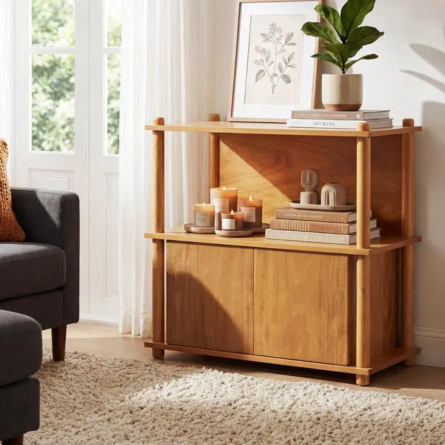 Alt view image 2 of 7 - Wood Nightstand/Side Table With Open Shelf And Storage Cabinet