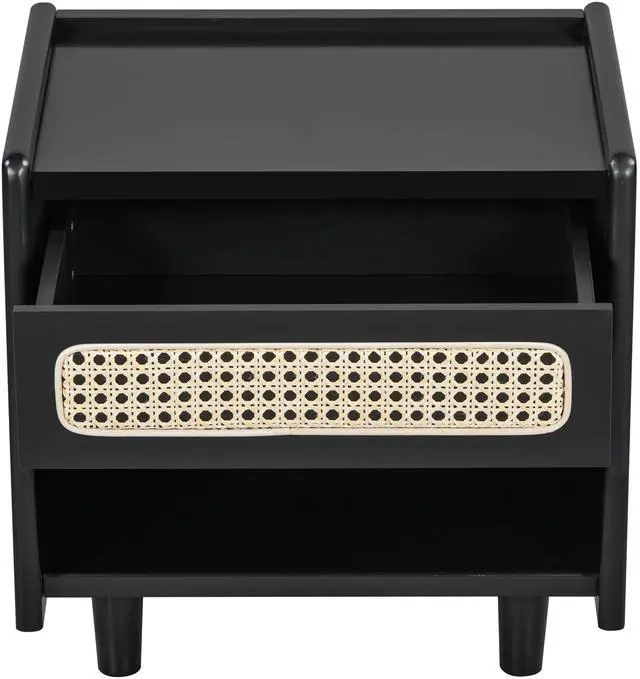 Alt view image 6 of 7 - Black Nightstand With Rattan Detail, Mdf + Solid Wood, Modern Bedroom Storage, Open Shelf & Drawer, Indoor Furniture