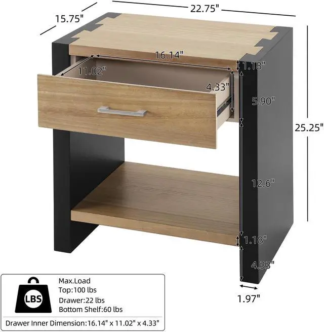 Alt view image 5 of 7 - Wood Nightstand, Bedside Table Natural &Black Color