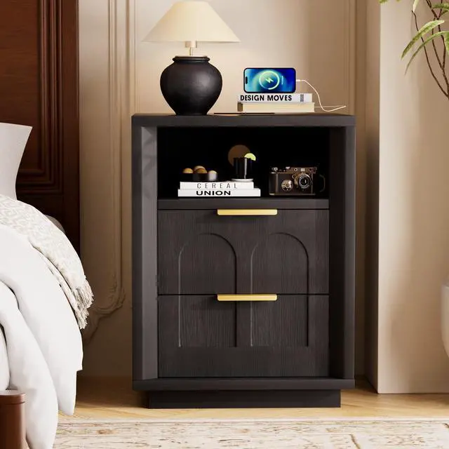 Alt view image 3 of 7 - Large Two-Piece Bedside Table Set, 2-Drawer Side Table, Spacious Storage Side Table With Type-C Charging Station And Metal Handles, Suitable For Bedrooms, Living Rooms, And Offices, Black