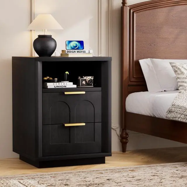Alt view image 2 of 7 - Large Two-Piece Bedside Table Set, 2-Drawer Side Table, Spacious Storage Side Table With Type-C Charging Station And Metal Handles, Suitable For Bedrooms, Living Rooms, And Offices, Black