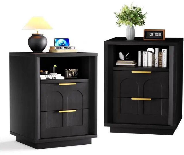 Main image of Large Two-Piece Bedside Table Set, 2-Drawer Side Table, Spacious Storage Side Table With Type-C Charging Station And Metal Handles, Suitable For Bedrooms, Living Rooms, And Offices, Black