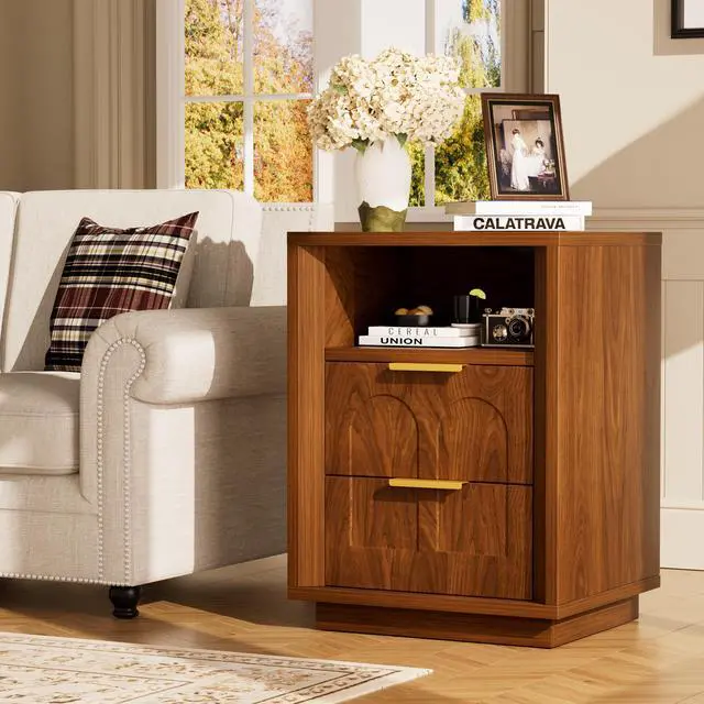 Alt view image 3 of 7 - Large Two-Piece Bedside Table Set, 2-Drawer Side Table, Spacious Storage Side Table With Type-C Charging Station And Metal Handles, Suitable For Bedrooms, Living Rooms, And Offices, Walnut