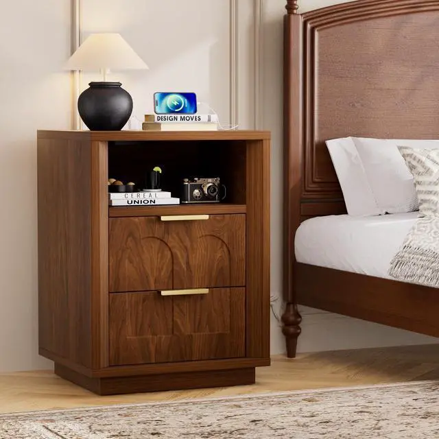 Alt view image 2 of 7 - Large Two-Piece Bedside Table Set, 2-Drawer Side Table, Spacious Storage Side Table With Type-C Charging Station And Metal Handles, Suitable For Bedrooms, Living Rooms, And Offices, Walnut