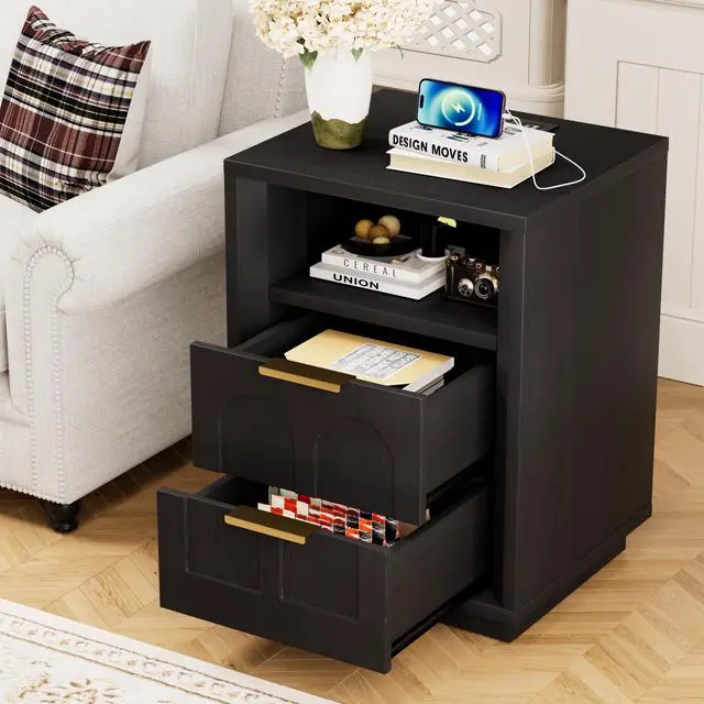 Alt view image 5 of 7 - Large Two-Piece Bedside Table Set, 2-Drawer Side Table, Spacious Storage Side Table With Type-C Charging Station And Metal Handles, Suitable For Bedrooms, Living Rooms, And Offices, Black