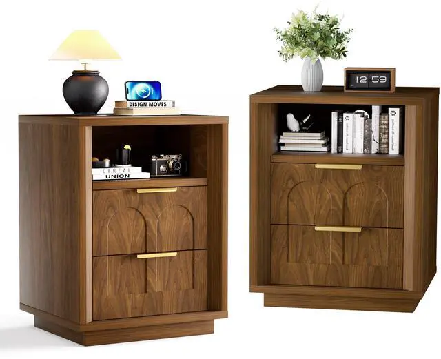 Main image of Large Two-Piece Bedside Table Set, 2-Drawer Side Table, Spacious Storage Side Table With Type-C Charging Station And Metal Handles, Suitable For Bedrooms, Living Rooms, And Offices, Walnut