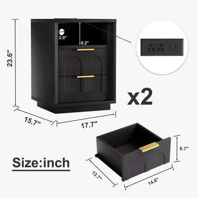 Alt view image 7 of 7 - Large Two-Piece Bedside Table Set, 2-Drawer Side Table, Spacious Storage Side Table With Type-C Charging Station And Metal Handles, Suitable For Bedrooms, Living Rooms, And Offices, Black